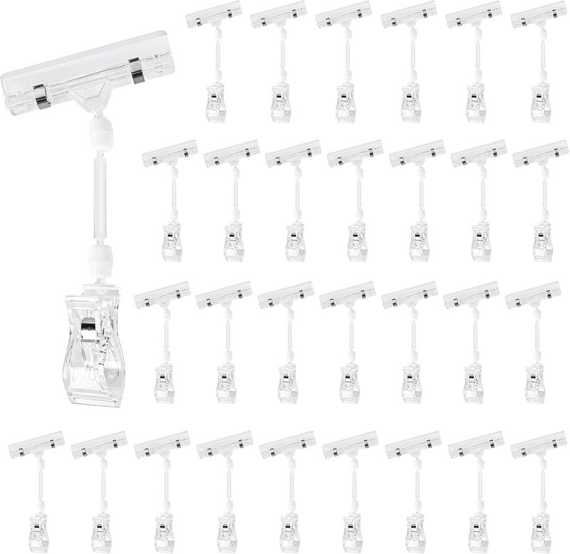 Inchoco Clear Sign Clips on Merchandise Display 30 Pack Plastic Label Pop Clips on Sign Holder Shelf Double Sided Swivel Price Tag Clips on Clothing Rack Signs Rotatable Menu Clips for Sale Retail Display - Image 1